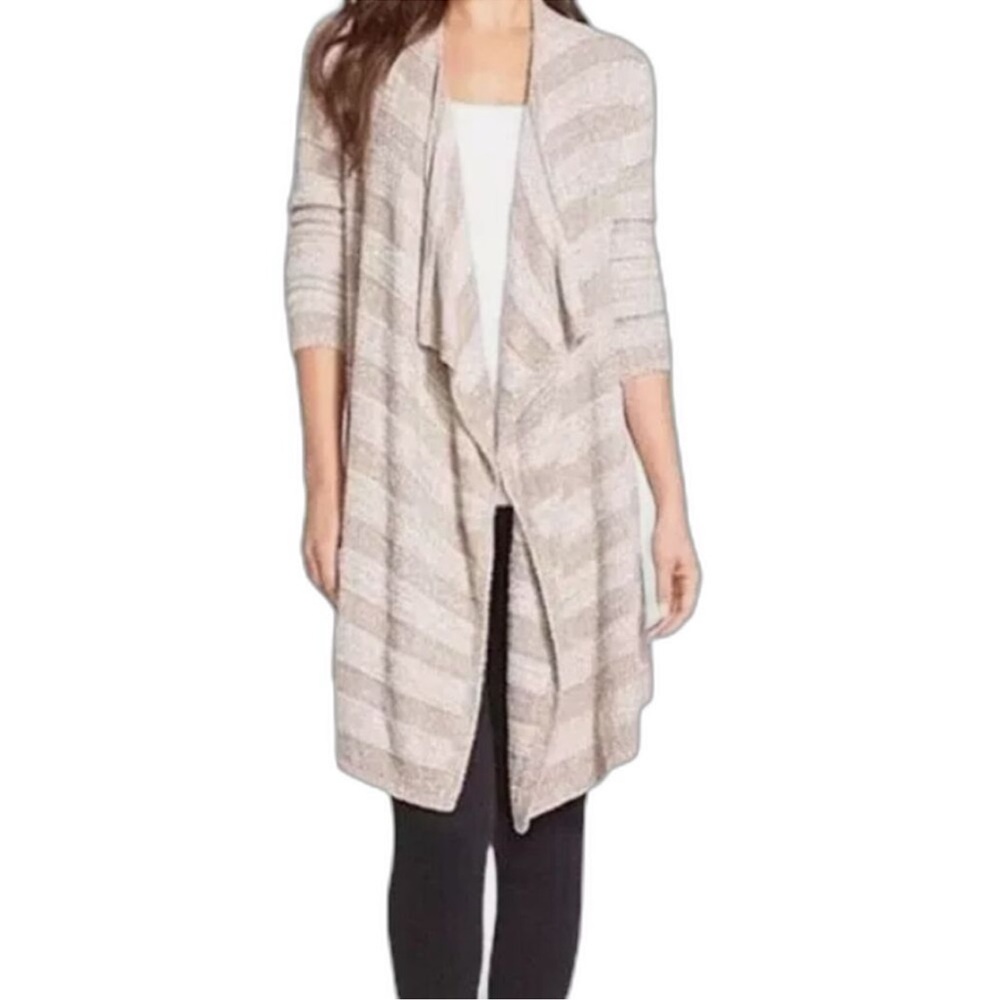 Barefoot Dreams Bamboo Chic Lite Tan Stripe Super Soft Cozy Open Cardigan